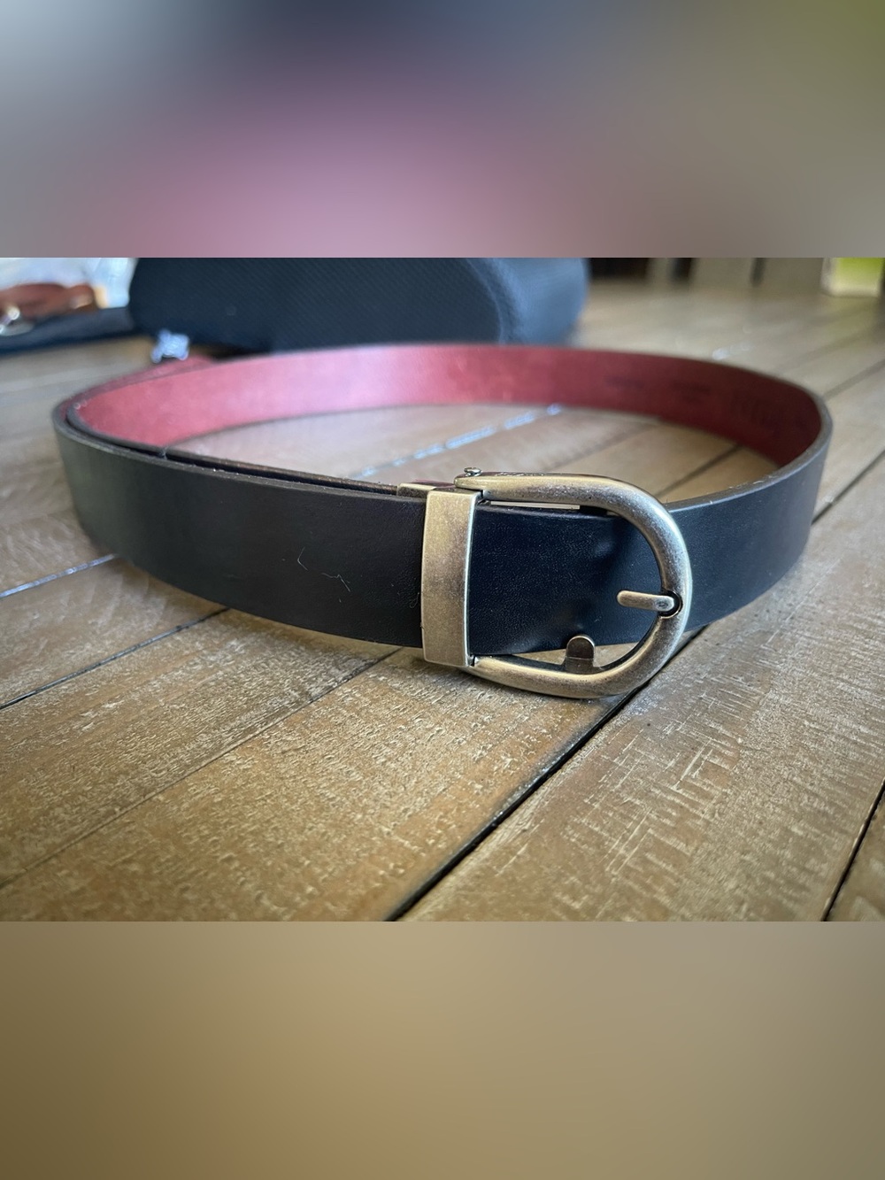 NYDJ Black Belt with Red Interior and Antique Brass Buckle